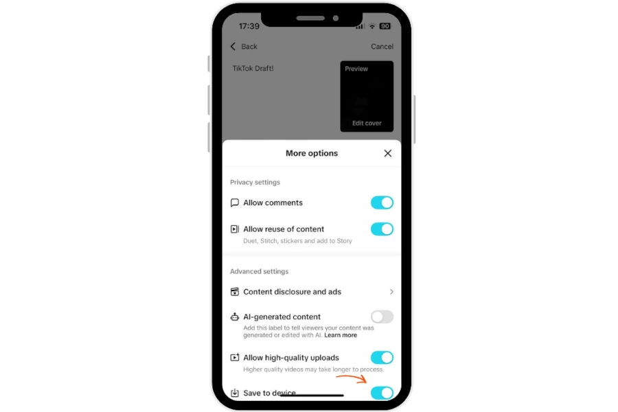 ذخیره پیشنویسهای تیکتاک در گالری (Camera Roll)